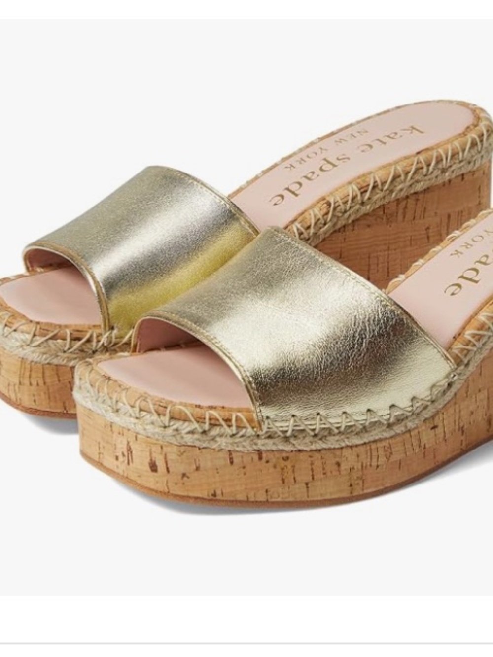 kate spade Colette Metallic Cork Wedge Espadrille Slides Gold Size 8